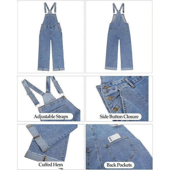 Vetinee Womens Overall Denim Loose Fit Wide Leg Bib Stretch Baggy Jeans Jumpsuti - Picture 6 of 8